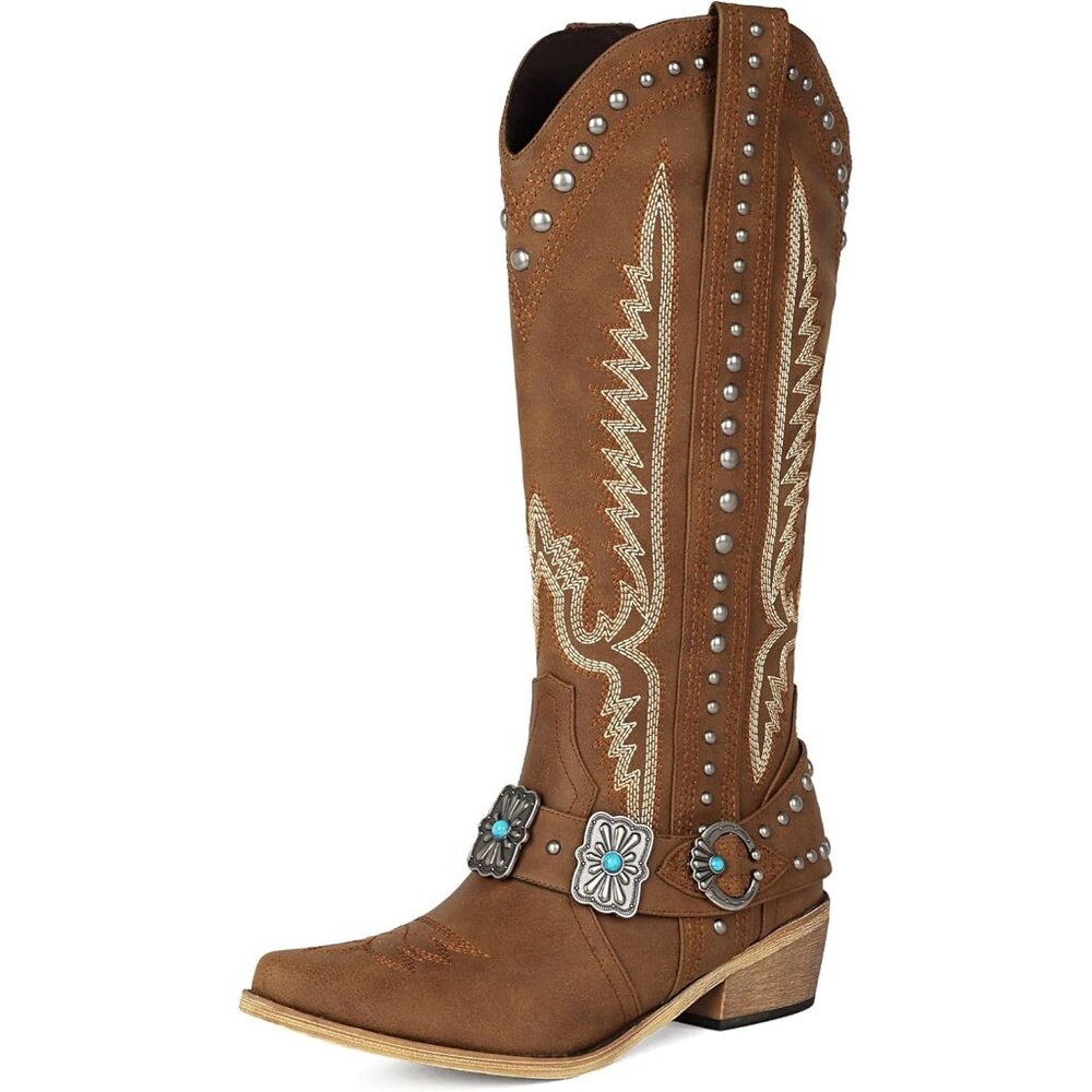 Women's Metallic Buckle Turquoise Knee High Rubber Rivet Western Brown Boots - Picture 1 of 6